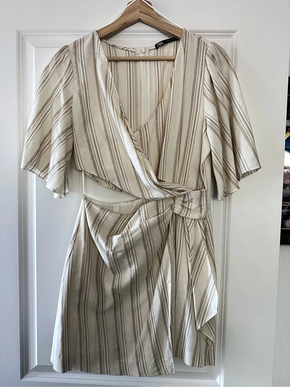 Zara Striped Cut-Out Linen Blend Wrap Mini Dress Size Small
